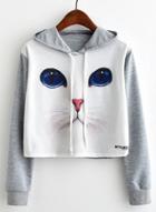 Oasap Cat Printed Long Sleeve Crop Top Hoodie