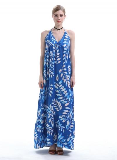 Oasap Halter Leaf Print Maxi Dress