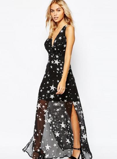 Oasap V Neck Sleeveless Backless Pentagram Printed Slit Maxi Dress