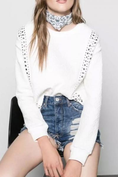 Oasap Stylish Studded Argyle Pullover Sweatshirt