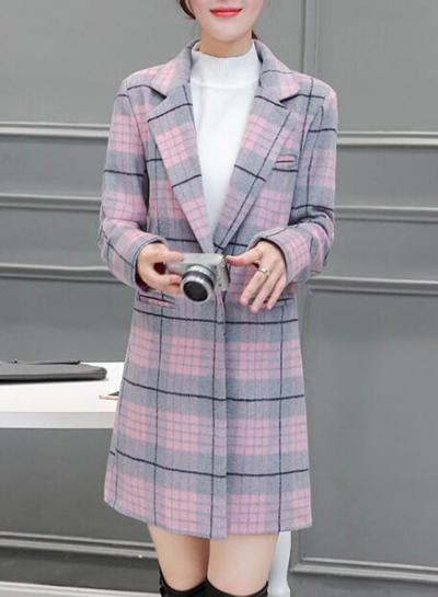 Oasap Turn Down Collar Long Sleeve Plaid Slim Fit Coat