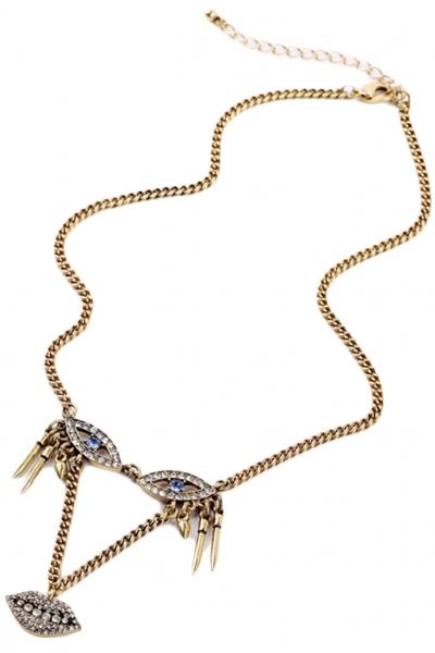Oasap Golden Tone Eye Lip Deco Double Layer Necklace