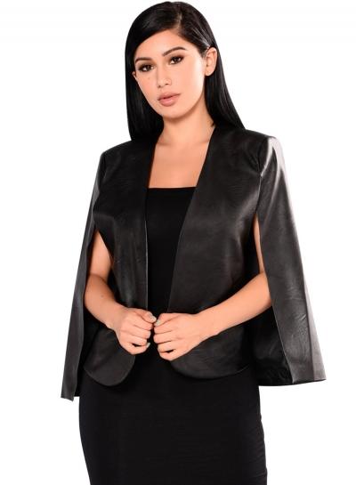 Oasap Solid Color Pu Leather Open Front Cape Blazer