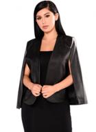 Oasap Solid Color Pu Leather Open Front Cape Blazer