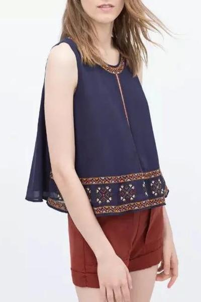Oasap Vintage Embroidery Sleeveless Keyhole Back Chiffon Blouse