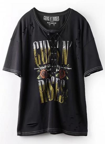 Oasap Letter Printed Lace Up Front Ripped Loose Fit Tee
