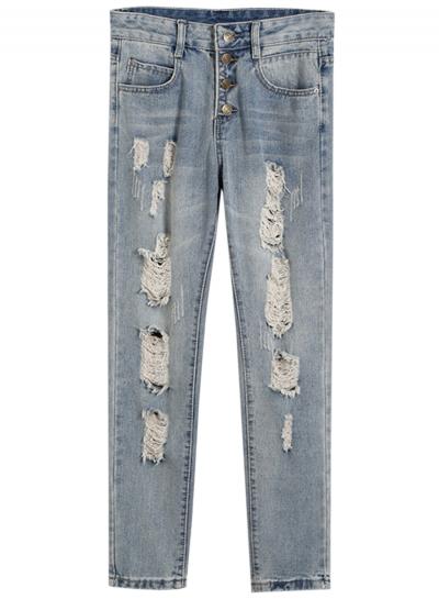 Oasap Women's Fashion Button Closure Ripped Denim Pants With Pockets