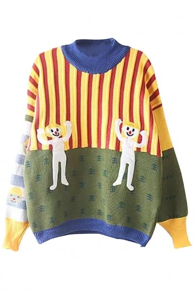 Oasap Cute Cartoon Character Pattern Striped Sweater
