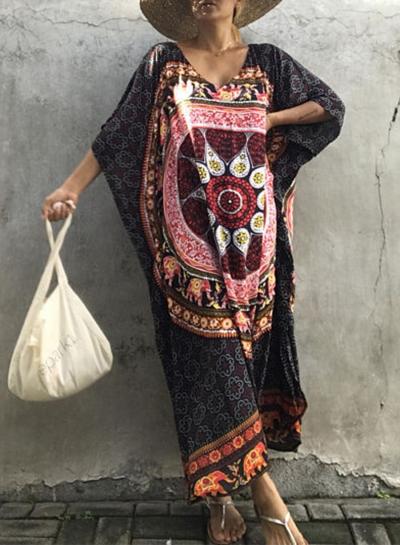 Oasap V Neck Short Batwing Sleeve Tribal Printed Loose Maxi Dress