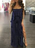 Oasap Spaghetti Strap Sleeveles Backless Striped Split Jumpsuit