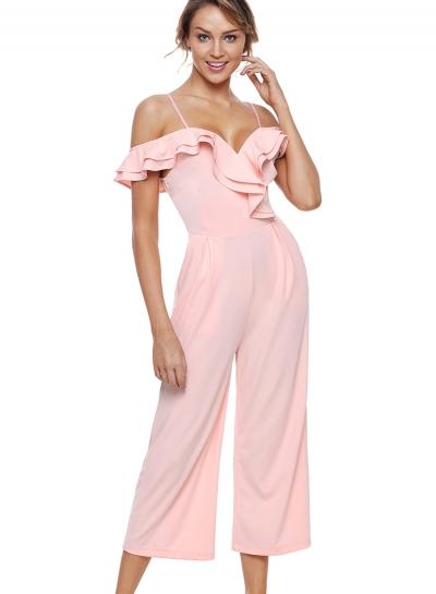 Oasap Light Pink Ruffle Neckline Women Jumpsuit With Pockets