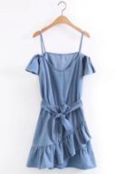 Oasap Spaghetti Strap Short Sleeve Denim Dress With Belt