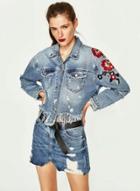 Oasap Long Sleeve Floral Embroidery Ripped Denim Jacket