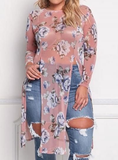 Oasap Plus Size Loose Transparent Long Sleeve Floral Printed Slit Tee Shirt