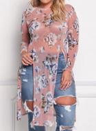 Oasap Plus Size Loose Transparent Long Sleeve Floral Printed Slit Tee Shirt