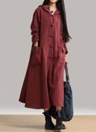 Oasap Solid Frog Button Loose Fit Longline Hooded Linen Dress