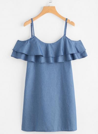 Oasap Off Shoulder Ruffles Spaghetti Strap Denim Dress