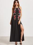 Oasap Sleeveless Backless Floral Embroidery Split Maxi Dress
