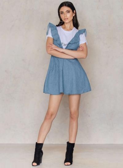 Oasap V Neck Flounce Panel Denim Dress