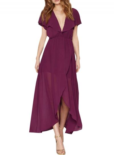 Oasap Women's Deep V Neck Ruffle Front Open Back Wrapped Maxi Dress