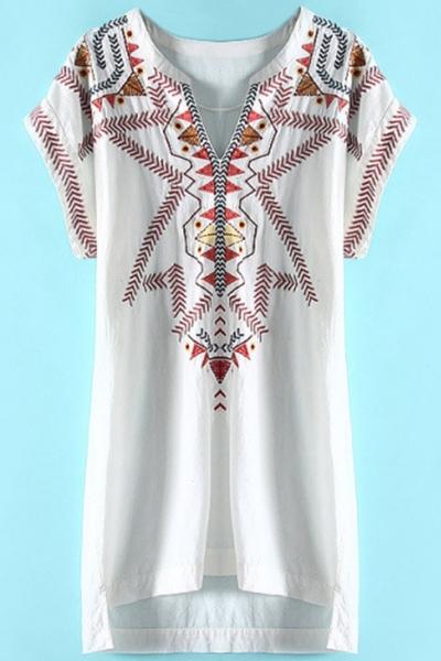 Oasap Retro Embroidery Slit Neck Mini Dress