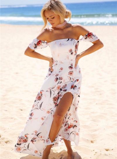 Oasap Off Shoulder High Slit Floral Loose Maxi Dress