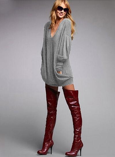 Oasap V Neck Long Sleeve Mini Sweater Dress