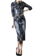 Oasap Women's Floral Print Stand Collar Button Front Denim Dress
