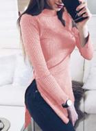 Oasap High Neck Slit Long Sleeve Slim Fit Pullover Sweater