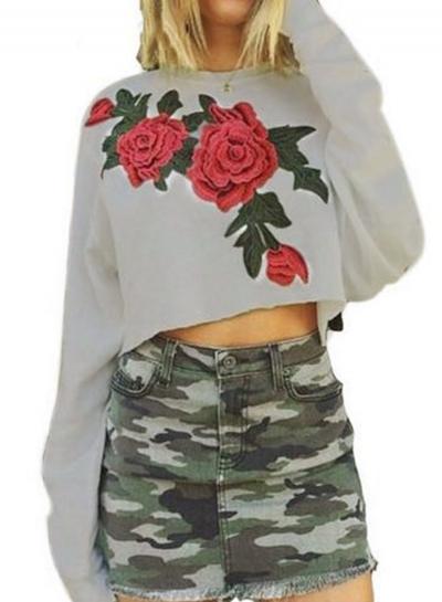 Oasap Round Neck Long Sleeve Floral Embroidery Sweatshirt