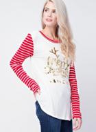 Oasap Round Neck Long Sleeve Striped Letters Printed Christmas Tee Shirt
