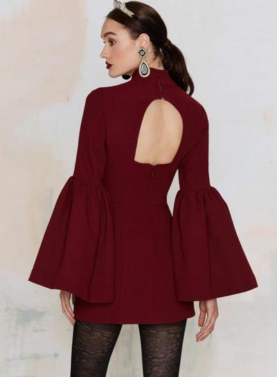 Oasap Women's Wine Frill Sleeve High Neck Bodycon Dress