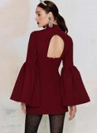 Oasap Women's Wine Frill Sleeve High Neck Bodycon Dress