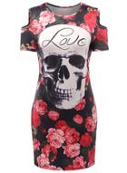 Oasap Round Neck Floral Printed Bodycon Skull Mini Dresses