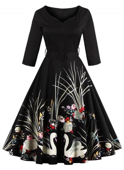 Oasap Vintage Floral Printed Swing Party Dress With Belt