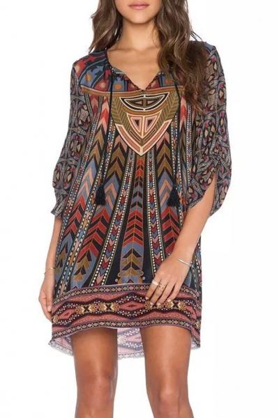Oasap Vintage Geometric Print Lace-up Front Chiffon Dress