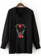 Oasap V Neck Long Sleeve Floral Embroidery Sweater