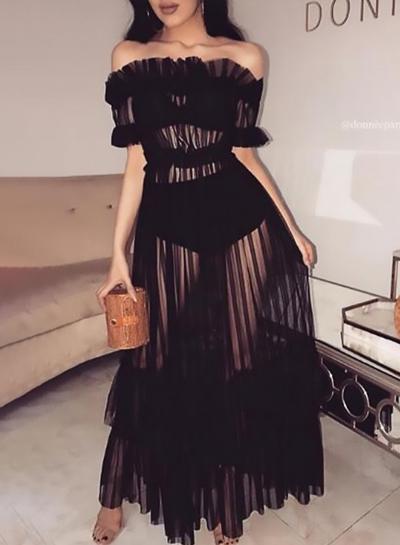 Oasap Sexy Transparent Mesh Slash Neck Off The Shoulder High Waist Swing Dress
