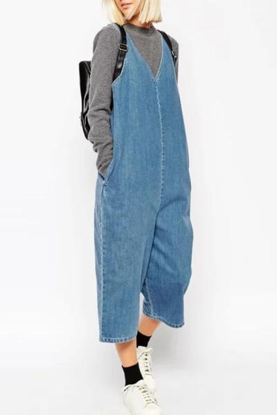 Oasap Boyfriend Style Deep V Sleeveless Wide-legs Denim Jumpsuit