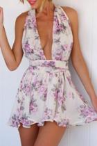 Oasap Violet Floral Print Backless Chiffon Rompers