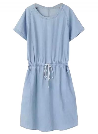 Oasap Women's Casual Short Sleeve Drawstring Waist Denim Dress