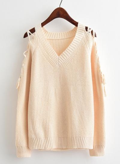 Oasap V Neck Long Sleeve Off Shoulder Lace Up Sweater