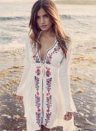 Oasap V Neck Long Sleeve Floral Embroidery Bikini Cover Ups Dress