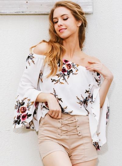 Oasap Slash Neck Flare Sleeve Floral Printed Blouses
