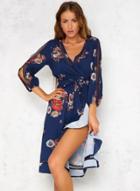 Oasap Floral Print V Neck High Slit Midi Dress With Belt