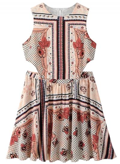 Oasap Women's Sleeveless Cutout Waist Printed Mini Fit Flare Dress