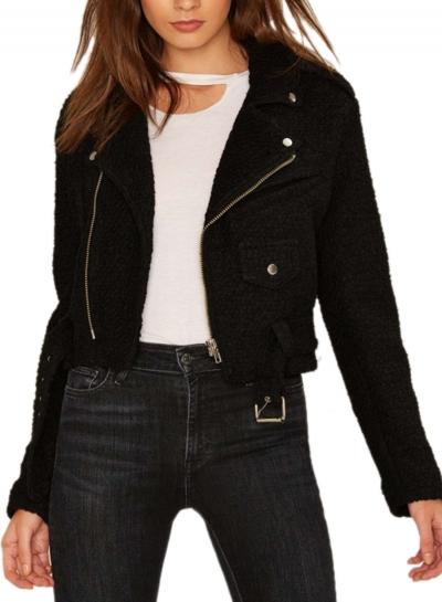 Oasap Women's Zip Trim Woolen Cropped Motorcycle Jacket