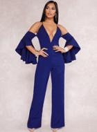 Oasap Fashion Sexy Solid Flounce Sleeve V Neck Back Zip Wide Leg Jumpsuit