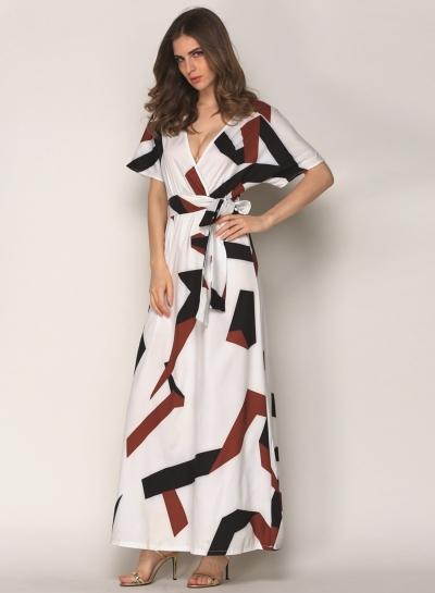 Oasap Geo Print Surplice Neckline Short Sleeve Long Dress