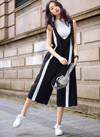Oasap Casual Loose Color Block Overalls Wide Leg Pants